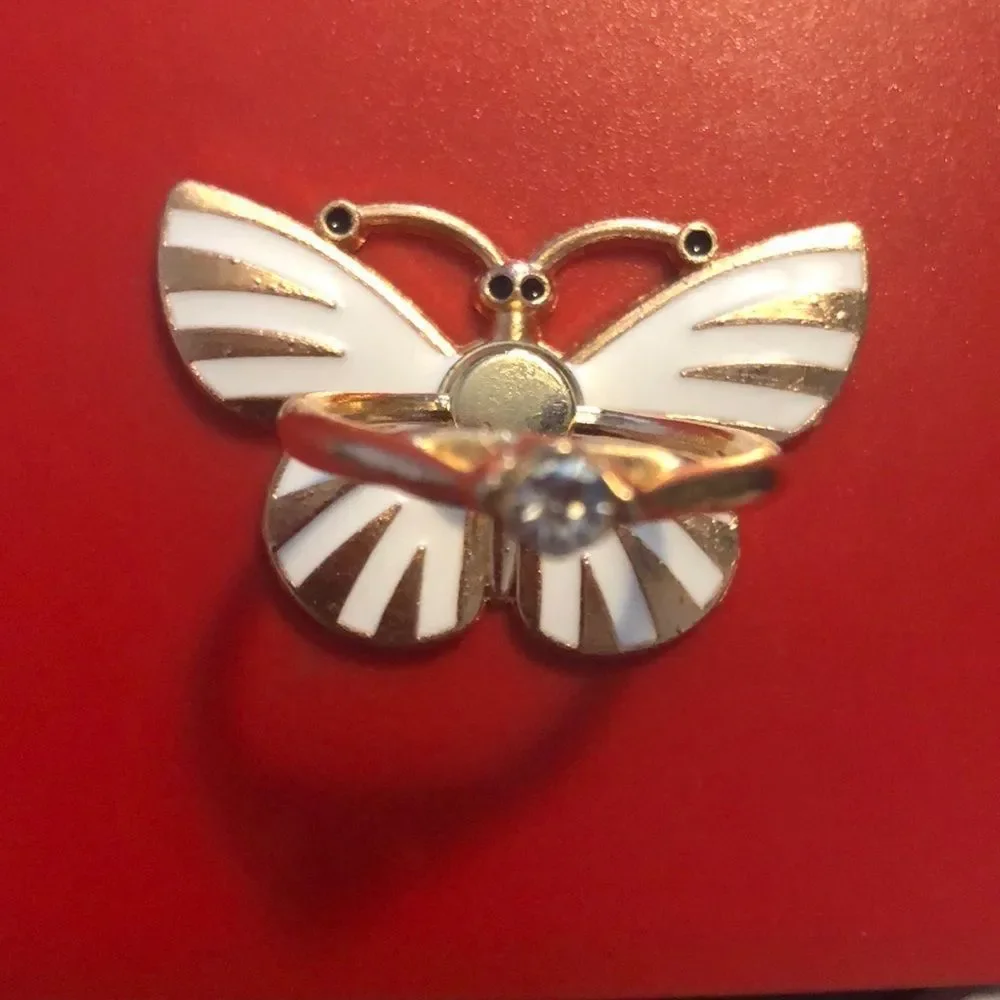 - #163 🤍Cell Phone Ring Stand Holder Grip White Striped Bling Butterfly🤍🦋